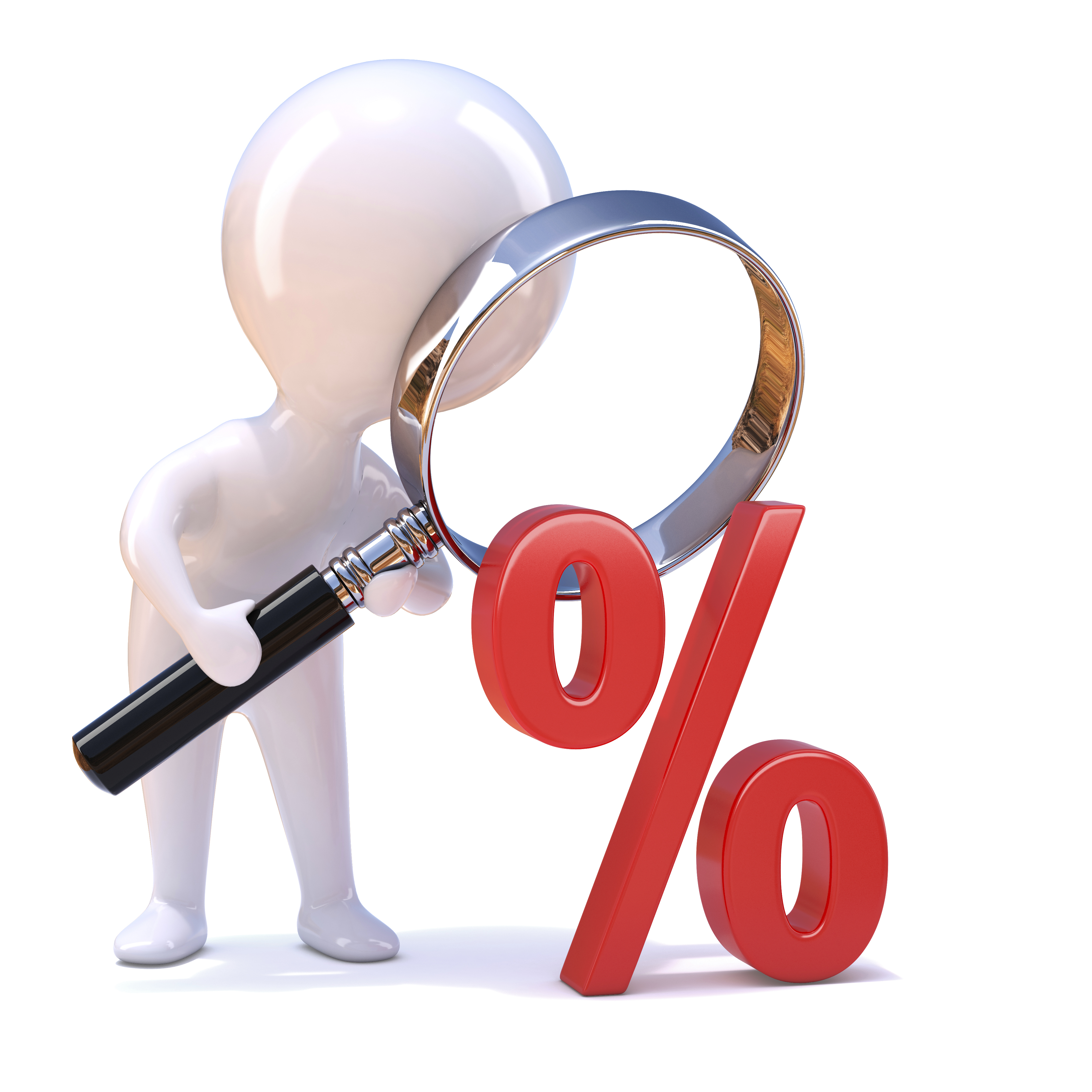 3d Little man looks through a magnifying glass at percent sign